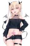    1girl :d bare_shoulders black_ribbon black_shirt black_shorts blonde_hair blue_eyes blush commentary_request crop_top demon_girl demon_tail demon_wings detached_wings fangs groin hair_ribbon hand_on_hip highres kanju long_hair long_sleeves looking_at_viewer mole mole_under_eye navel off-shoulder_shirt off_shoulder open_clothes open_fly open_mouth open_shorts original panties pink_panties pointy_ears pubic_tattoo pulled_by_self ribbon shirt short_shorts shorts shorts_pull side-tie_panties simple_background sleeves_past_wrists smile solo succubus tail tattoo thigh_gap two_side_up underwear very_long_hair white_background wings 