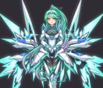  1girl armor bangs black_background blush breasts gem glowing green_eyes green_hair hair_ornament headpiece jewelry large_breasts lips long_hair looking_at_viewer mechanical_wings pneuma_(xenoblade) ponytail shoulder_armor simple_background solo spoilers swept_bangs tiara very_long_hair wings xelalanana xenoblade_(series) xenoblade_2 
