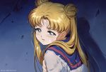  1girl artist_name bangs bishoujo_senshi_sailor_moon blonde_hair blue_eyes blue_sailor_collar commentary crying crying_with_eyes_open derivative_work dirty double_bun earrings hair_over_shoulder jewelry kaze-hime long_hair looking_to_the_side parted_bangs parted_lips sailor_collar screencap_redraw solo stud_earrings tears torn_clothes tsukino_usagi twintails upper_body 