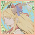  1girl art_nouveau bangs blonde_hair border bow chain character_name circle commentary cube ear_piercing eyebrows_visible_through_hair flower freckles hair_bow highres horn_ornament horn_ribbon horns ibuki_suika leaf long_hair looking_at_viewer oni piercing pink_border pointy_ears red_bow ribbon shirt sleeveless sleeveless_shirt solo soretsu_nitohei thick_eyebrows tongue tongue_out touhou triangle yellow_eyes 
