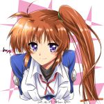  1girl black_shirt breasts brown_hair closed_mouth collared_shirt commentary cropped_torso dated eyebrows_visible_through_hair hair_tie jacket leaning_forward light_blush long_hair lyrical_nanoha mahou_shoujo_lyrical_nanoha_strikers medium_breasts neck_ribbon red_neckwear ribbon san-pon shirt side_ponytail smile solo takamachi_nanoha translated tsab_air_military_uniform twitter_username upper_body violet_eyes white_jacket white_shirt 