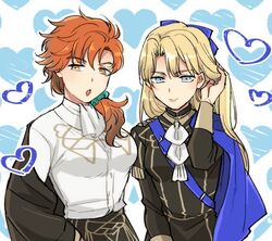  2girls adjusting_hair blonde_hair bow cape dimitri_alexandre_blaiddyd fe8585 fire_emblem fire_emblem:_three_houses garreg_mach_monastery_uniform genderswap genderswap_(mtf) hair_bow heart long_hair multiple_girls off-shoulder_jacket orange_hair scrunchie skirt sylvain_jose_gautier 