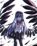 akemi_homura akuma_homura arm_at_side backlighting black_hair black_hairband black_legwear black_skirt black_wings closed_eyes commentary_request crying earrings english_commentary eyebrows_visible_through_hair feathered_wings feathers feet_out_of_frame furrowed_eyebrows hairband hand_on_own_face highres jewelry kazaha77 long_hair long_sleeves mahou_shoujo_madoka_magica mahou_shoujo_madoka_magica_movie mitakihara_school_uniform mixed-language_commentary pantyhose pantyhose_pull plaid plaid_skirt pleated_skirt red_ribbon ribbon sad school_uniform simple_background single_earring skirt spoilers standing straight_hair tears twitter_username uniform white_background wings wiping_tears 