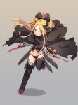  1girl abigail_williams_(fate/grand_order) bandaged_arm bandages bangs black_bow black_cloak black_footwear black_gloves black_legwear black_panties black_shirt blonde_hair blue_eyes blush boots bow brown_background cloak closed_mouth commentary cosplay dagger dual_wielding english_commentary fate/apocrypha fate/grand_order fate_(series) fingerless_gloves full_body gloves gradient gradient_background grey_background hair_between_eyes high_ponytail holding holding_dagger holding_weapon jack_the_ripper_(fate/apocrypha) jack_the_ripper_(fate/apocrypha)_(cosplay) long_hair looking_at_viewer miya_(pixiv15283026) navel orange_bow panties parted_bangs ponytail shadow sheath shirt sidelocks single_glove sleeveless sleeveless_shirt solo standing standing_on_one_leg thigh-highs thigh_boots torn_cloak torn_clothes underwear unsheathed v-shaped_eyebrows very_long_hair weapon 