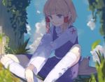  1girl bangs blonde_hair blue_sky blurry chishibuki_hiyoko clouds commentary_request dappled_sunlight feet_together grass hair_ribbon hat headwear_removed juliet_sleeves kneehighs knees_apart_feet_together long_sleeves medium_hair moriya_suwako outdoors own_hands_together parted_bangs puffy_sleeves purple_skirt purple_vest red_ribbon ribbon shirt sidelocks sitting skirt skirt_set sky smile solo sunlight touhou turtleneck vest white_legwear white_shirt yellow_eyes 