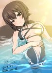 1girl absurdres artist_logo bangs beach black_swimsuit blush breasts brown_eyes brown_hair cleavage_cutout closed_mouth commentary dated excel_(shena) from_above girls_und_panzer halterneck hand_on_own_stomach head_tilt highres lens_flare looking_at_viewer lying medium_breasts navel nishizumi_maho on_back one-piece_swimsuit partially_submerged short_hair smile solo stomach_cutout swimsuit twitter_username 