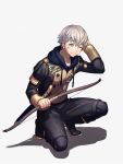  1boy ashe_ubert black_footwear boots bow dirty_clothes dirty_face eyebrows_visible_through_hair fire_emblem fire_emblem:_three_houses freckles full_body garreg_mach_monastery_uniform green_eyes hand_on_own_head highres long_sleeves moyashi_mou2 one_eye_closed pants scabbard shadow sheath sheathed short_hair shoulder_strap silver_hair simple_background solo squatting sword wavy_mouth weapon white_background 