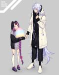  1boy 1girl absurdres braid cotton_candy fate/grand_order fate_(series) grin highres holding_finger hood hooded_coat hoodie jacket long_hair medusa_(lancer)_(fate) merlin_(fate) namakawa one_eye_closed pointing purple_hair shoes silver_hair sleeves_past_wrists smile sneakers thigh-highs very_long_hair violet_eyes white_legwear 