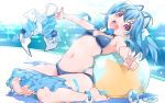  1000-chan 1girl :d ahoge anklet armpits ball barefoot beachball bikini blue_bikini blue_bow blue_hair bow bowtie breasts fangs hair_ornament highres inoue_sora jewelry leaning_back looking_at_viewer navel oizumi open_fly open_mouth outstretched_arms pleated_skirt poolside sitting skirt skirt_pull small_breasts smile solo star_print swimsuit symbol-shaped_pupils twintails undressing unzipped v violet_eyes 