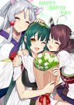  3girls :3 :d ;d ^_^ ahoge animal_ear_fluff animal_ears bangs bouquet brown_hair closed_eyes closed_mouth commentary_request eyebrows_behind_hair flower fox_ears girl_sandwich green_hair hair_ornament hand_on_another&#039;s_head happy_birthday headgear highres holding holding_bouquet hug japanese_clothes kimono long_hair multiple_girls muneate obi one_eye_closed open_mouth orange_eyes rose sandwiched sash short_sleeves silver_hair smile tasuki touhoku_itako touhoku_kiritan touhoku_zunko twintails voiceroid white_flower white_kimono white_rose yappen 