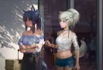 2girls a-m-one animal_ears arknights bag bangle bare_shoulders black_choker black_nails blue_hair blue_ribbon blue_shirt bracelet breasts cameo cellphone character_doll charm_(object) chinese_commentary choker closed_mouth collarbone commentary_request cowboy_shot crossed_arms cutoffs dappled_sunlight denim denim_shorts ear_piercing fingernails grey_eyes hair_ornament hair_ribbon hairclip highres holding holding_cellphone holding_phone jewelry lappland_(arknights) lips lipstick long_hair makeup medium_breasts midriff multiple_girls navel off-shoulder_shirt off_shoulder outdoors pendant phone piercing ponytail ribbon rolling_suitcase scar shadow shirt short_shorts short_sleeves shorts shoulder_bag sidelocks smartphone sunlight tail texas_(arknights) white_hair white_shirt yellow_eyes