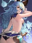  1girl animal_ears arched_back ass backless_dress backless_outfit bare_arms bare_back bare_shoulders black_panties blue_hair breasts brown_eyes commentary_request cowboy_shot dress erune ferry_(granblue_fantasy) flask frills from_behind ghost granblue_fantasy highres koretsuki_azuma long_hair looking_at_viewer looking_back medium_breasts panties parted_lips shoulder_blades solo underwear wavy_hair 