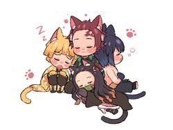  1girl 3boys agatsuma_zenitsu animal_ears bangs bit_gag black_hair black_pants blonde_hair blush_stickers brother_and_sister brown_hair cat_ears cat_girl cat_tail closed_eyes drooling earrings facing_viewer gag hair_ribbon hand_on_another&#039;s_head hands_on_own_knees haori hashibira_inosuke head_tilt japanese_clothes jewelry kamado_nezuko kamado_tanjirou kemonomimi_mode kimetsu_no_yaiba kimono knees_up lap_pillow leaning_back leaning_on_person leaning_to_the_side long_hair long_sleeves mirugi multicolored_hair multiple_boys obi orange_hair pants paw_print paws pelt pink_ribbon profile ribbon sash scar shirtless siblings simple_background sitting sleeping smile tail two-tone_hair very_long_hair white_background zzz 