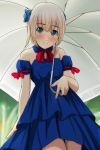  1girl absurdres aqua_eyes bangs blonde_hair blue_collar blue_dress blue_flower blue_sleeves blurry blurry_background blush bow closed_mouth collar depth_of_field detached_collar detached_sleeves dress eyebrows_visible_through_hair flower hair_between_eyes hair_flower hair_ornament highres holding holding_umbrella looking_at_viewer matsunaga_kouyou nose_blush original puffy_short_sleeves puffy_sleeves red_bow short_sleeves smile solo strapless strapless_dress umbrella white_umbrella 