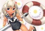  1girl blonde_hair blue_eyes blush breasts crop_top flower hair_flower hair_ornament kantai_collection lifebuoy long_hair looking_at_viewer one-piece_swimsuit one-piece_tan open_mouth riichu ro-500_(kantai_collection) sailor_collar scan school_swimsuit school_uniform serafuku small_breasts smile solo swimsuit swimsuit_under_clothes tan tanline torpedo 