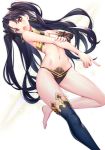  1girl bangs bare_shoulders barefoot black_bow black_hair black_legwear black_sleeves blush bow breasts commentary_request detached_sleeves earrings eyebrows_visible_through_hair fate/grand_order fate_(series) groin hair_bow highres hoop_earrings ishtar_(fate/grand_order) jewelry long_hair looking_at_viewer navel open_mouth outstretched_arm parted_bangs red_eyes revealing_clothes ririko_(zhuoyandesailaer) simple_background single_detached_sleeve single_thighhigh small_breasts solo thigh-highs two_side_up very_long_hair white_background 