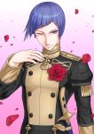  1boy asymmetrical_hair epaulettes fire_emblem fire_emblem:_three_houses flower garreg_mach_monastery_uniform lorenz_hellman_gloucester one_eye_closed petals pink_background purple_hair rose rose_petals solo soyo2106 sword upper_body violet_eyes weapon 