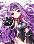  1girl arm_up armor black_gloves black_leotard bodysuit breastplate collar covered_navel fate/grand_order fate/stay_night fate_(series) gloves hair_intakes headband leotard long_hair medusa_(fate)_(all) medusa_(lancer)_(fate) moe nogi_takayoshi open_mouth outstretched_hand purple_hair sitting solo type-moon ufotable very_long_hair violet_eyes young 