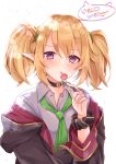  1girl bangs black_jacket black_scrunchie blonde_hair candy chloe_(princess_connect) collar collared_shirt food green_neckwear grey_shirt hair_between_eyes highres holding holding_food jacket licking lollipop long_jacket long_sleeves meito_harmren necktie open_clothes open_jacket pointy_ears princess_connect! princess_connect!_re:dive scrunchie shirt short_hair sidelocks simple_background solo twintails upper_body v-shaped_eyebrows violet_eyes white_background wrist_scrunchie 