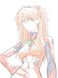  1girl blue_eyes bodysuit breasts closed_mouth commentary_request eyepatch gloves hair_ornament highres hyakuen_raitaa long_hair looking_at_viewer neon_genesis_evangelion orange_hair pilot_suit plugsuit rebuild_of_evangelion red_bodysuit shikinami_asuka_langley simple_background solo souryuu_asuka_langley white_background 