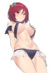  1girl ariadoa_(kono_yuusha_ga_ore_tueee_kuse_ni_shinchou_sugiru) arm_behind_back bangs bikini blush breasts choker closed_mouth eyebrows_visible_through_hair frilled_bikini_bottom from_below groin hair_between_eyes hair_ornament hand_on_own_chest hand_up harukagi kono_yuusha_ga_ore_tueee_kuse_ni_shinchou_sugiru large_breasts legs_together looking_at_viewer navel red_eyes redhead short_hair simple_background skindentation smile solo standing swimsuit thighs twitter_username white_background 