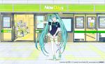  1girl aqua_hair belt closed_eyes commentary_request contrapposto convenience_store crypton_future_media glass_door hatsune_miku kamogawa_(kamogawa_sodachi) long_hair official_art open_mouth outstretched_arm partial_commentary pleated_skirt poster_(object) shirt shoes shop skirt sliding_doors smile sneakers solo thigh-highs twintails very_long_hair vocaloid white_legwear white_skirt wide_shot 