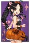  1girl alternate_costume basket black_hair blush bow brown_eyes candy dated food frills hair_ornament halloween halloween_costume highres jack-o&#039;-lantern kantai_collection long_hair low-tied_long_hair multi-tied_hair nisshin_(kantai_collection) open_mouth pumpkin pumpkin_pants purple_background scrunchie short_eyebrows simple_background solo sparkle striped striped_bow tank_top toka_(marchlizard) wrist_scrunchie 