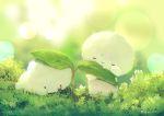  2others blurry blurry_background blush_stickers closed_eyes closed_mouth commentary_request eating green_theme highres leaf lens_flare manino_(mofuritaionaka) multiple_others no_humans original plant signature smile solid_circle_eyes u_u 