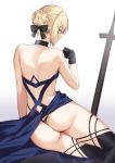  1girl artoria_pendragon_(all) ass backless_dress backless_outfit bare_shoulders black_dress black_gloves black_ribbon blonde_hair braid choker commentary dress fate/grand_order fate/stay_night fate_(series) french_braid from_behind gloves hair_bun hair_ribbon highres iriehana looking_at_viewer nape ribbon ribbon_choker saber_alter shoulder_blades sidelocks simple_background sitting solo sword thong weapon white_background yellow_eyes yokozuwari 