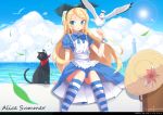 1girl :o absurdres alice_(wonderland) alice_in_wonderland apron artist_name bird black_cat black_hairband blonde_hair blue_dress blue_sky cat clouds dated dress hairband hat highres kneehighs knees_together_feet_apart leaf lighthouse lolcat_(wng0623) long_hair neck_ribbon ocean pleated_dress puffy_short_sleeves puffy_sleeves ribbon seagull short_sleeves sitting sky solo striped striped_legwear suitcase sun sun_hat very_long_hair wind_turbine windmill wristband 