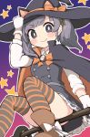  1girl animal_ears bangs blush boots broom broom_riding brown_footwear cat_ears cat_tail dress eyebrows_visible_through_hair fake_animal_ears fake_tail frills gloves grey_eyes grey_hair hair_ribbon halloween halloween_costume hat highres kantai_collection long_hair long_sleeves ooshio_(kantai_collection) orange_neckwear pinafore_dress remodel_(kantai_collection) ribbon shirt short_twintails simoyuki sitting sleeveless sleeveless_dress smile solo star striped striped_legwear tail thigh-highs twintails white_gloves white_shirt witch_hat 