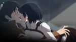  1boy 1girl black_eyes black_hair breasts commentary_request emblem eren_yeager imminent_kiss jacket mikasa_ackerman open_mouth paradis_military_uniform shingeki_no_kyojin short_hair yazwo 