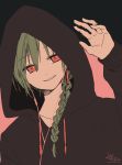  arm_up bangs black_background black_hoodie braid character_request drawstring earphones earphones eyebrows_visible_through_hair green_hair hair_between_eyes head_tilt highres hood hood_up hoodie long_hair long_sleeves nijisanji parted_lips pink_background red_eyes signature single_braid sleeves_past_wrists smile sofra solo two-tone_background 