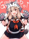  1girl 1other animal_hood bangs bat_wings black_skirt blonde_hair blush breasts cape claw_pose commentary_request fake_tail fang gloves hair_flaps hair_ornament hair_ribbon hairclip halloween hood kantai_collection large_breasts long_hair mizunoe_kotaru neckerchief open_mouth paw_gloves paws pleated_skirt red_eyes red_neckwear remodel_(kantai_collection) ribbon sailor_collar school_uniform serafuku simple_background sitting sitting_on_person skirt tail torn_cape torn_clothes wings wolf_hood wolf_tail yuudachi_(kantai_collection) 