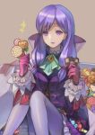  1girl buttons candy dress fire_emblem fire_emblem:_path_of_radiance fire_emblem_heroes food gloves halloween_costume highres holding ilyana_(fire_emblem) long_hair long_sleeves mai_yukari open_mouth pantyhose pink_gloves purple_hair short_dress simple_background sitting solo violet_eyes white_legwear 