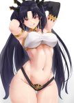  1girl absurdres armlet asymmetrical_sleeves bangs black_bikini_bottom black_hair blush breasts closed_mouth cromwellb detached_sleeves earrings fate/grand_order fate_(series) highres hoop_earrings ishtar_(fate/grand_order) jewelry licking_lips long_hair looking_at_viewer medium_breasts navel neck_ring parted_bangs red_eyes simple_background single_detached_sleeve smile solo thighs tiara tongue tongue_out two_side_up white_background white_bikini_top wide_hips 