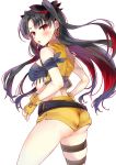  1girl ass bangs bare_shoulders belt black_belt black_hair blush breasts brown_belt commentary_request earrings eyebrows_visible_through_hair fate/grand_order fate_(series) fingerless_gloves gloves hair_ornament highres hoop_earrings ishtar_(fate/grand_order) jewelry leg_belt long_hair looking_at_viewer looking_to_the_side medium_breasts multicolored_hair open_clothes open_mouth open_vest parted_bangs red_eyes redhead short_shorts shorts simple_background skindentation solo space_ishtar_(fate) sweat tomozero two-tone_hair two_side_up very_long_hair vest white_background yellow_gloves yellow_shorts yellow_vest 