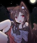  :o animal_ear_fluff animal_ears brown_hair dress fang frilled_dress frills full_moon imaizumi_kagerou long_hair long_sleeves looking_at_viewer moon natsu_no_koucha night off_shoulder sketch sky star_(sky) starry_sky tail touhou wolf_ears wolf_tail 