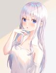  1girl absurdres bangs bare_shoulders blush collarbone commentary_request eyebrows_visible_through_hair hair_between_eyes highres kokose long_hair open_mouth original shirt short_sleeves silver_hair simple_background violet_eyes white_background white_shirt 