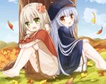  2girls autumn_leaves bangs barefoot beret black_headwear blue_hair blue_sky brown_capelet brown_dress brown_eyes brown_footwear clouds commentary_request crossed_arms day dress eyebrows_visible_through_hair flower ginkgo ginkgo_leaf green_eyes hair_between_eyes hair_flower hair_ornament hat knees_up light_brown_hair long_hair long_sleeves multiple_girls on_grass on_ground original outdoors sitting skirt sky sleeves_past_wrists soles tree very_long_hair white_skirt yuuhagi_(amaretto-no-natsu) 