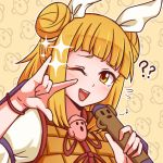  1girl ;d \||/ armor bangs blonde_hair blunt_bangs blush double_bun eighth_note flying_sweatdrops hair_ribbon haniwa_(statue) holding holding_microphone joutouguu_mayumi looking_at_viewer microphone music musical_note one_eye_closed open_mouth red_ribbon ribbon short_hair singing smile solo sparkle touhou upper_body white_ribbon wool_(miwol) wristband yellow_eyes 
