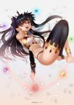  1girl absurdres anklet armlet asymmetrical_legwear asymmetrical_sleeves bangs bare_shoulders barefoot black_bikini_bottom black_hair blush breasts bridal_gauntlets crossed_legs detached_collar detached_sleeves earrings fate/grand_order fate_(series) gem highres hoop_earrings ishtar_(fate/grand_order) jewelry long_hair looking_at_viewer neck_ring open_mouth parted_bangs red_eyes simple_background single_detached_sleeve single_thighhigh smile solo sparkle thigh-highs thighs tiara toeless_legwear two_side_up white_background white_bikini_top zasshu 