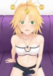  1girl absurdres bangs bare_arms bare_shoulders blonde_hair blush braid breasts collarbone commentary_request eyebrows_visible_through_hair fate/grand_order fate_(series) green_eyes hair_ornament highres holding_controller hypnosis jewelry long_hair looking_at_viewer medium_breasts mind_control mordred_(fate) mordred_(fate)_(all) navel necklace open_mouth ponytail red_scrunchie scrunchie shorts sitting smile solo wowan_baihe_zenmeliao 