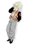  1boy alternate_color alternate_eye_color belt black_footwear blonde_hair casual commentary_request dragon_ball dragon_ball_z dutch_angle fenyon full_body grey_eyes grey_pants hand_in_hair hand_in_pocket happy jacket leaning leaning_back looking_away male_focus number pants pectorals shadow shirt simple_background smile son_gokuu spiky_hair standing super_saiyan twitter_username white_background white_shirt 