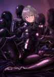  6+girls blindfold bodysuit breast_grab gimp_suit grabbing grey_hair highres kilye_4421 latex_bodysuit light_blush looking_at_viewer multiple_girls original short_hair sitting skin_tight solo_focus 