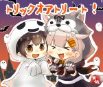  &gt;_&lt; 2girls :d animal animal_hood artist_name bat black_serafuku black_skirt blonde_hair blush brown_eyes brown_hair commentary eyebrows_visible_through_hair fang ghost_costume hair_between_eyes hair_flaps hair_ornament hairclip halloween halloween_costume highres hood kaga_(kantai_collection) kantai_collection long_hair multiple_girls open_mouth paws pleated_skirt red_sailor_collar remodel_(kantai_collection) sailor_collar school_uniform serafuku short_hair skirt smile taisa_(kari) translated yuudachi_(kantai_collection) 