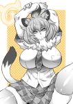  1girl animal_ear_fluff animal_ears arms_up bangs bare_arms big_hair breast_pocket breasts commentary_request eyebrows_visible_through_hair fur_collar hair_between_eyes hand_on_own_arm head_tilt huge_breasts impossible_clothes impossible_shirt japari_symbol kemono_friends knee_up lion_(kemono_friends) lion_ears lion_tail looking_at_viewer miniskirt musashino_sekai necktie parted_lips plaid plaid_neckwear plaid_skirt plaid_sleeves pocket ringed_eyes shiny shiny_clothes shiny_legwear shirt short_sleeves sitting skindentation skirt solo spread_legs tail thigh-highs zettai_ryouiki 