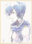  1boy blue_eyes blue_hair blue_scarf coat commentary epoxy_putty from_side kaito male_focus parted_lips scarf short_hair smile traditional_media upper_body vocaloid watercolor_(medium) white_background white_coat white_skin 