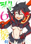 1girl :d ^_^ black_hair blush breasts carrying carrying_over_shoulder closed_eyes colorful cowboy_shot eyebrows_visible_through_hair from_above hand_on_hip happy holding holding_weapon kazaya kill_la_kill matoi_ryuuko medium_breasts messy_hair multicolored_hair navel number open_mouth redhead revealing_clothes scissor_blade senketsu short_hair simple_background smile solo stomach streaked_hair translation_request twitter_username under_boob weapon white_background 