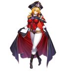  absurdres belt black_footwear black_gloves blonde_hair boots breasts cape covered_navel full_body gloves hair_between_eyes hamada_pochiwo hat highres long_sleeves medium_breasts official_art pirate_hat sheath sheathed simple_background skirt_hold smile standing sword weapon white_background yellow_eyes 
